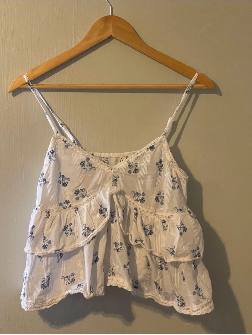 Joie White Camisole with Blue Floral Print and Ruffle Tiers